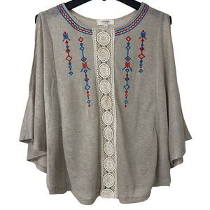 Umgee Tunic Womens Size Large Beige Embroidered Boho Blouse Southwestern Top